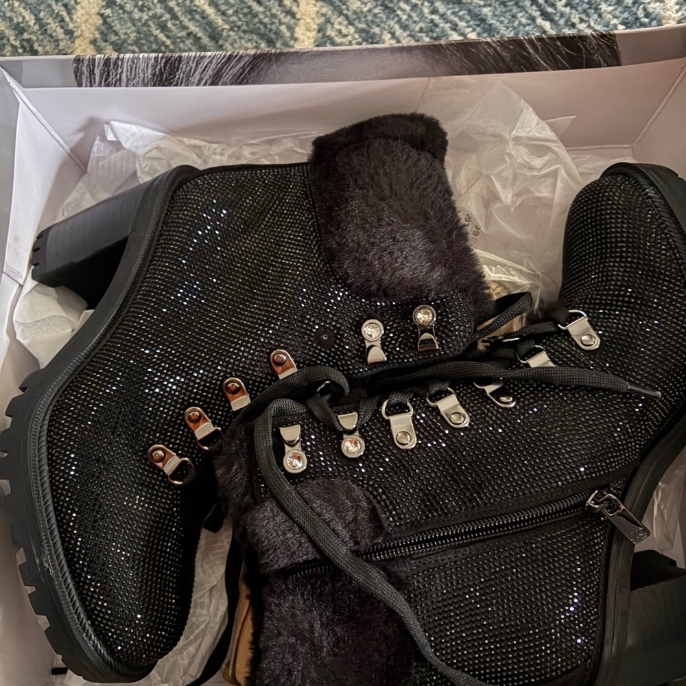 Jennifer Lopez Black Glitter Combat Boots